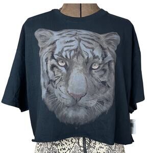 NWT Tiger Leopard‎ VINYL ICONS Cropped Womens T-shirt (L) Graphic Nature Cotton